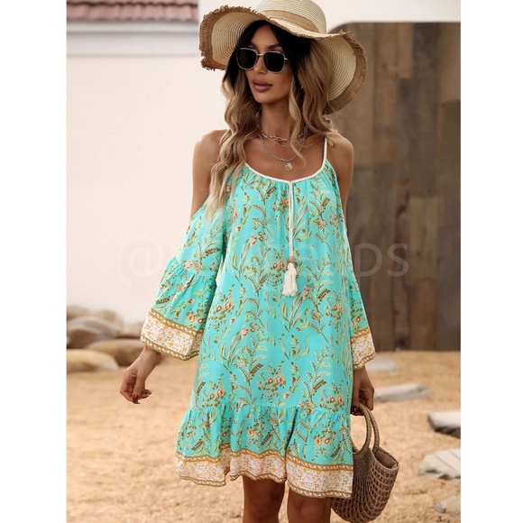 Mint Green Cold Shoulder Tassel Detail Loose Fitting Mini Dress Short Floral - Picture 5 of 10
